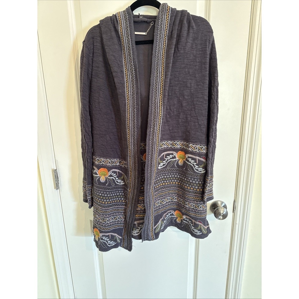 Paparazzi by Biz Gray Embroidered Long Hooded Cardigan Open Jacket Medium Boho